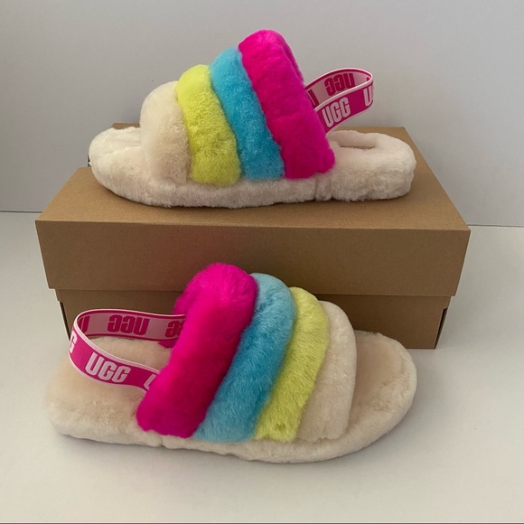 UGG Fluff Yeah Slides Neon Rainbow Multi Kid’s 6 (Will Fit Women’s 8) - Picture 3 of 12